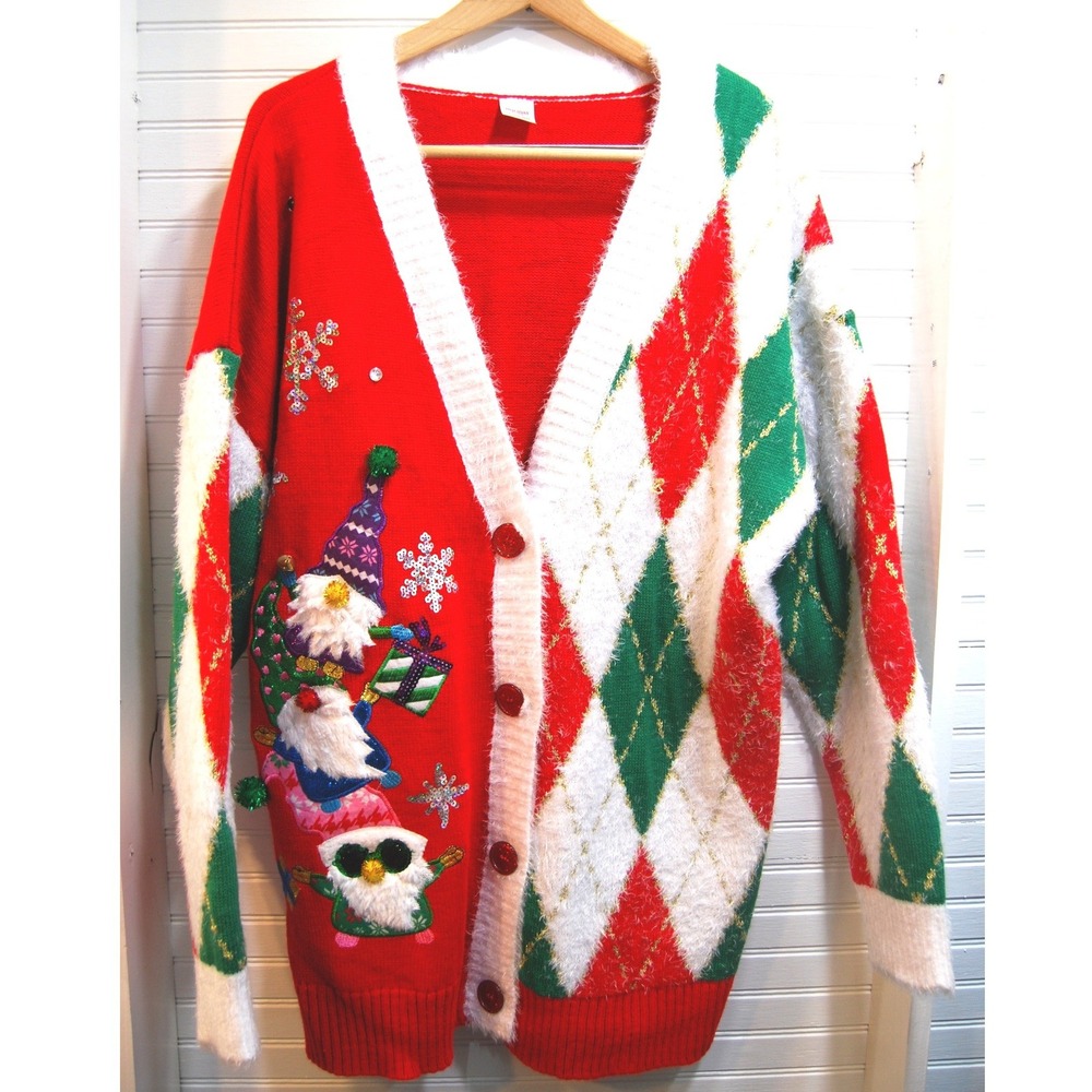 Ugly Christmas Sweater Womens Sz 1XL 16W-18W Holiday Time Gnome Cardigan Argyle